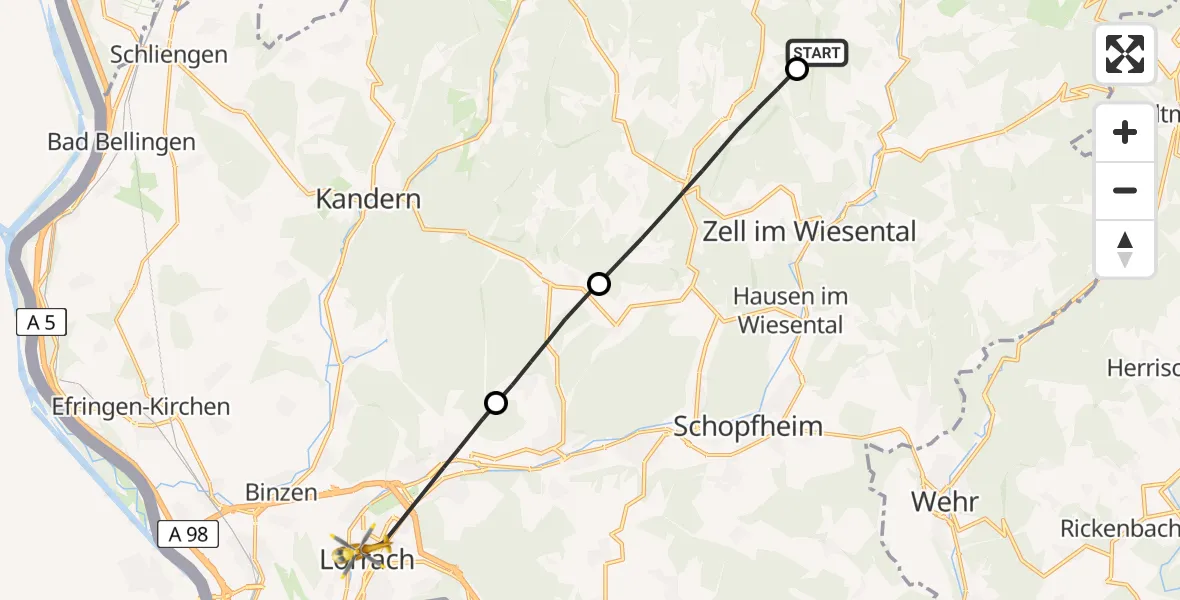 Flugroute Rettungshubschrauber Fröhnd - Lörrach, 07 Juli 2026, 09:29