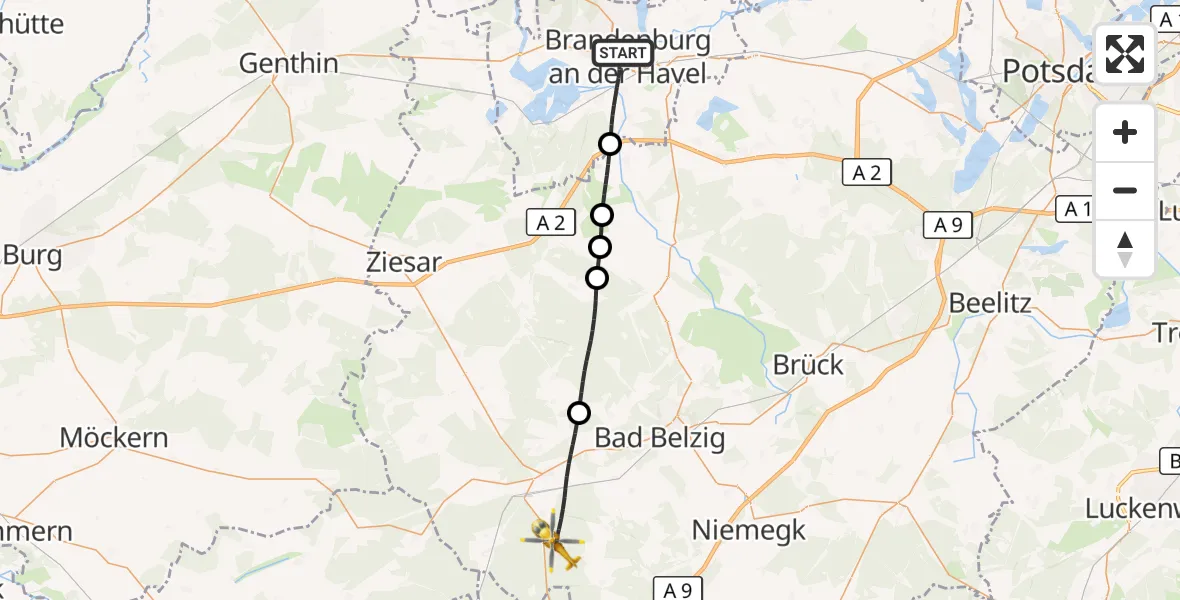 Flugroute Rettungshubschrauber Brandenburg an der Havel - Wiesenburg/Mark, 07 Juli 2026, 09:30