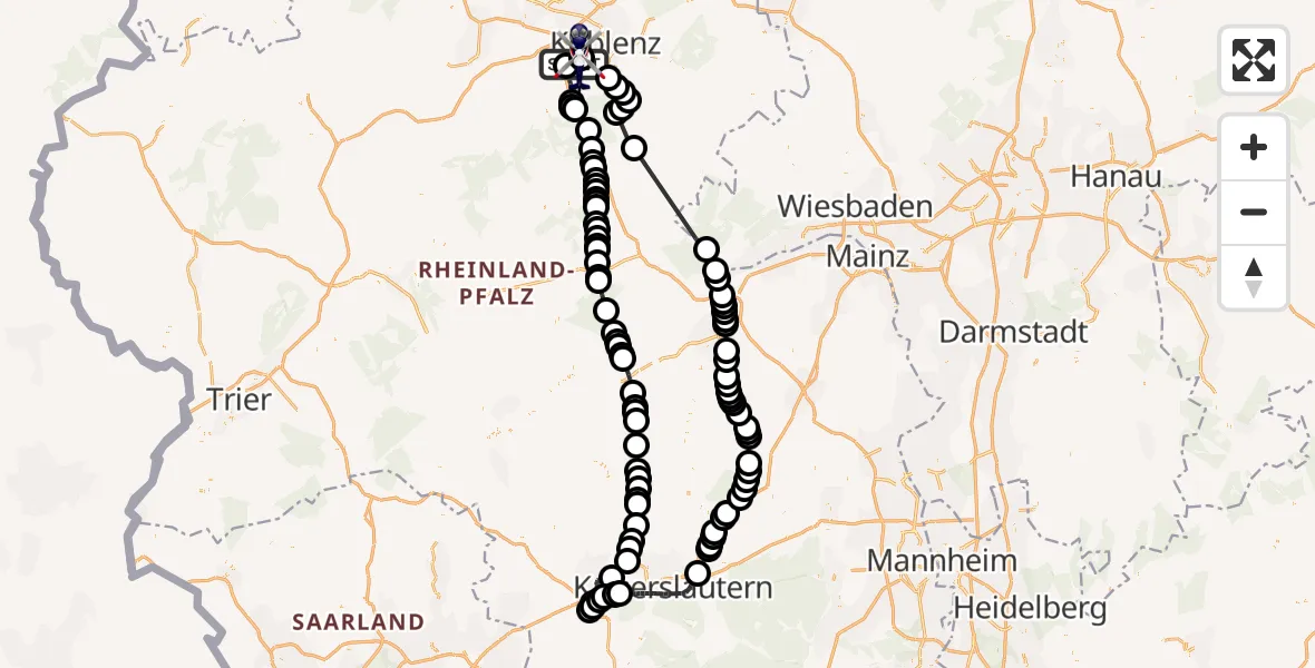 Flugroute Polizeihubschrauber Winningen - Koblenz-Winningen Flugplatz, 07 Juli 2026, 09:31