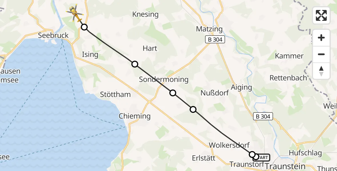 Flugroute Rettungshubschrauber Traunstein Hospital - Seeon-Seebruck, 07 Juli 2026, 09:31
