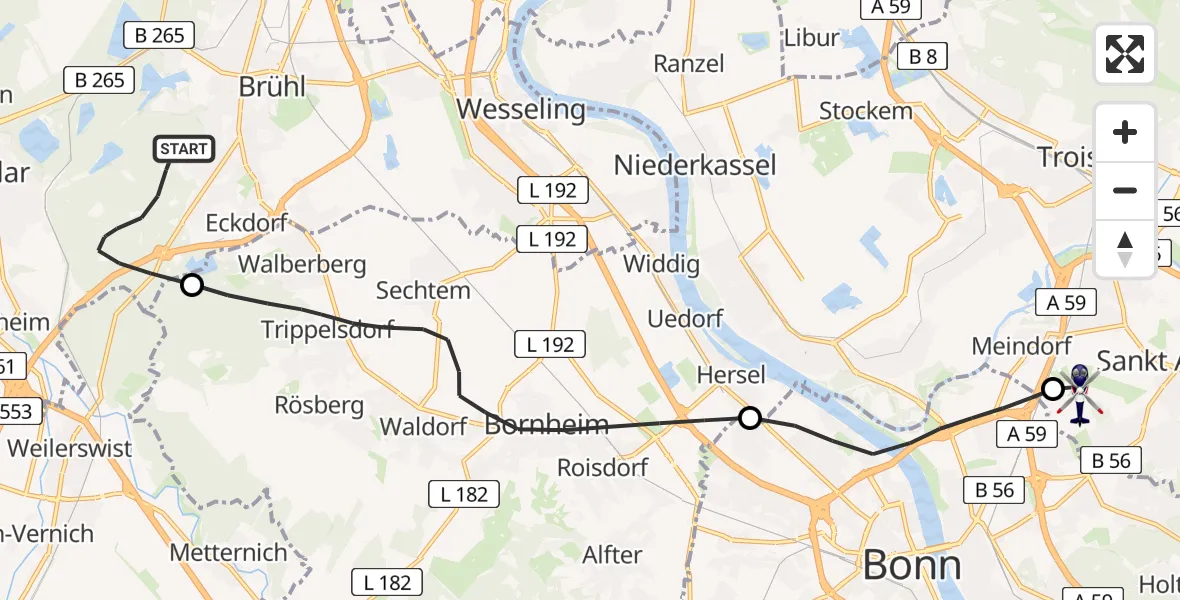 Flugroute Polizeihubschrauber Brühl - Sankt Augustin, 07 Juli 2026, 09:32