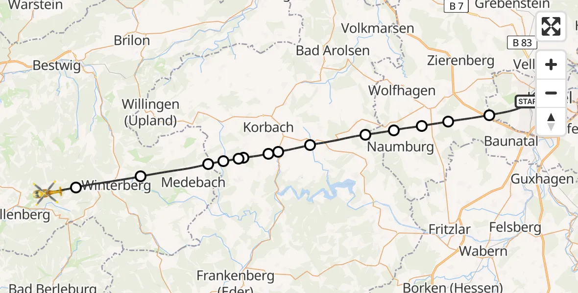 Flugroute Rettungshubschrauber Kassel - Schmallenberg, 07 Juli 2026, 09:32