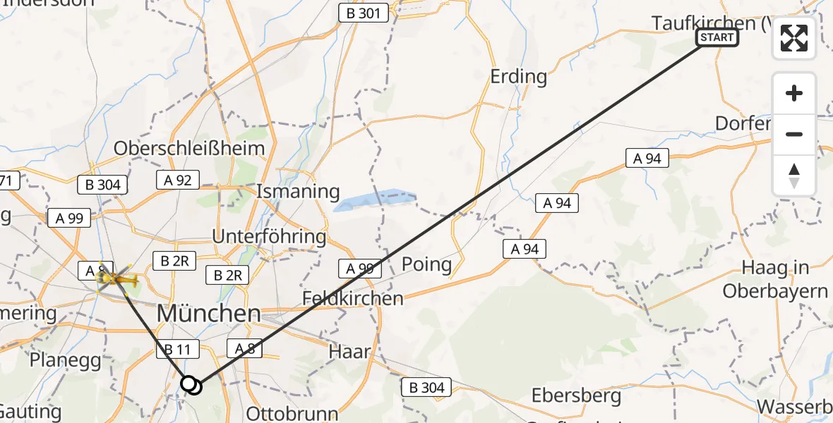 Flugroute Rettungshubschrauber Taufkirchen (Vils) - München, 07 Juli 2026, 09:37