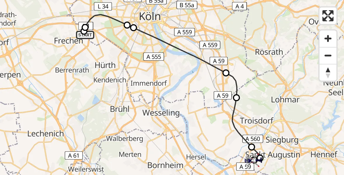 Flugroute Polizeihubschrauber Köln - Sankt Augustin, 07 Juli 2026, 09:37