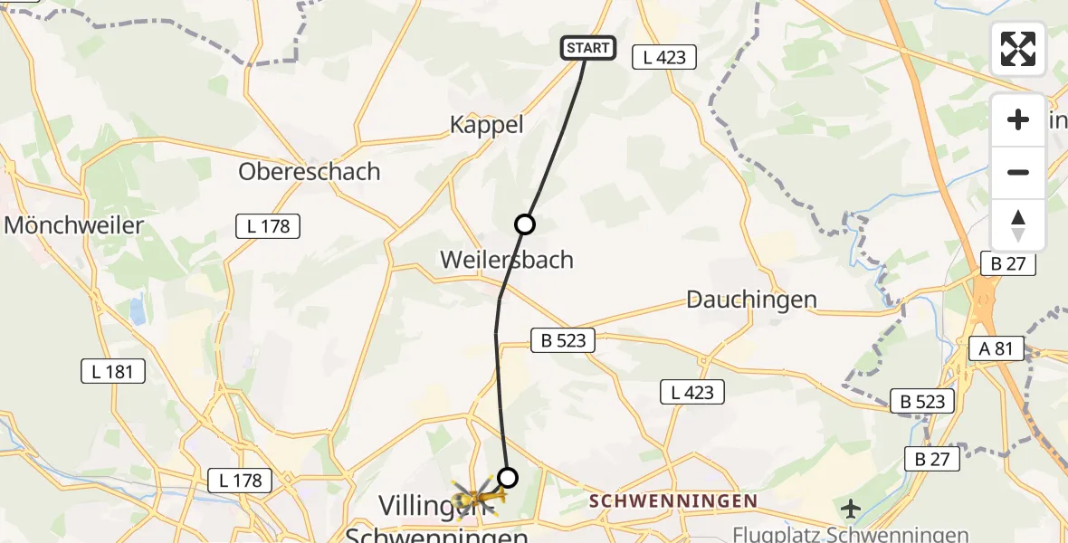 Flugroute Ambulanzhubschrauber Niedereschach - DRF Air Rescue Station Villingen-Schwenningen Hubschrauberlandeplatz (Christoph 11), 07 Juli 2026, 09:39