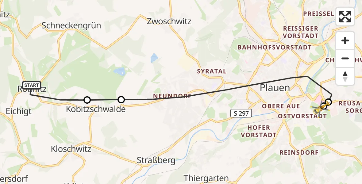 Flugroute Rettungshubschrauber Rosenbach/Vogtl. - Helios Clinic Plauen, 07 Juli 2026, 09:40