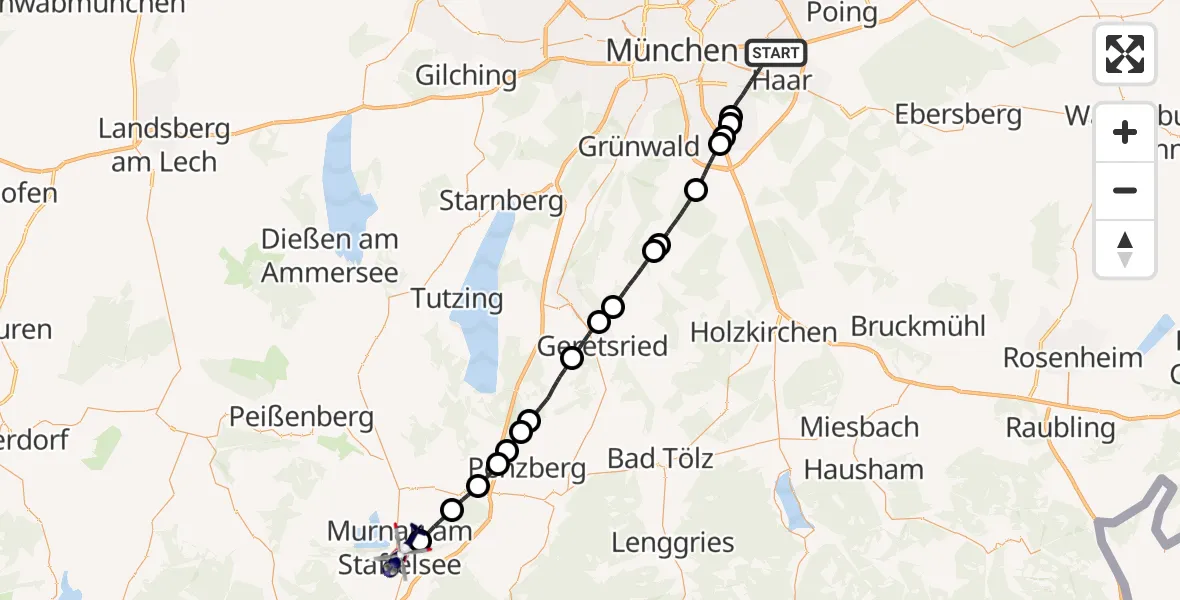 Flugroute Polizeihubschrauber München - Murnau a.Staffelsee, 07 Juli 2026, 09:50