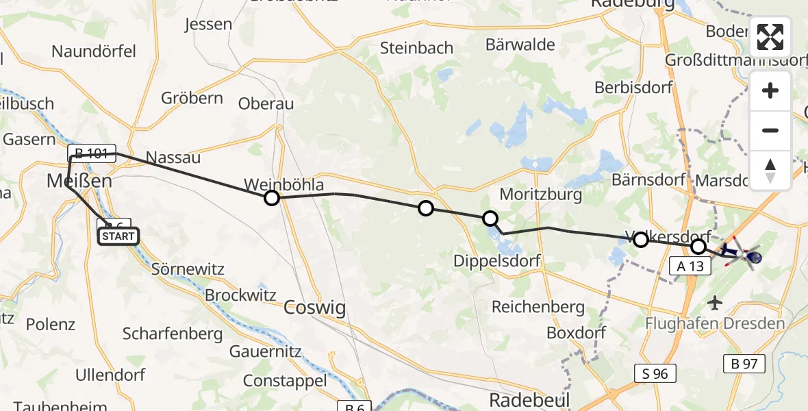 Flugroute Polizeihubschrauber Meißen - Dresden, 07 Juli 2026, 09:51