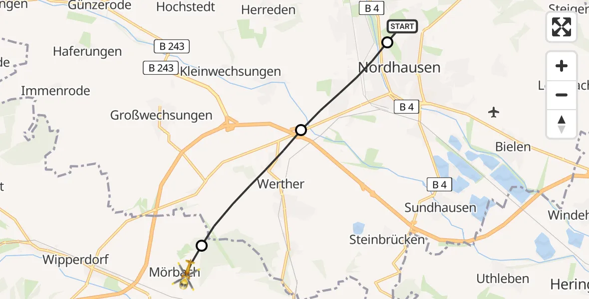 Flugroute Rettungshubschrauber Südharz Hospital Nordhausen - Bleicherode, 07 Juli 2026, 09:53