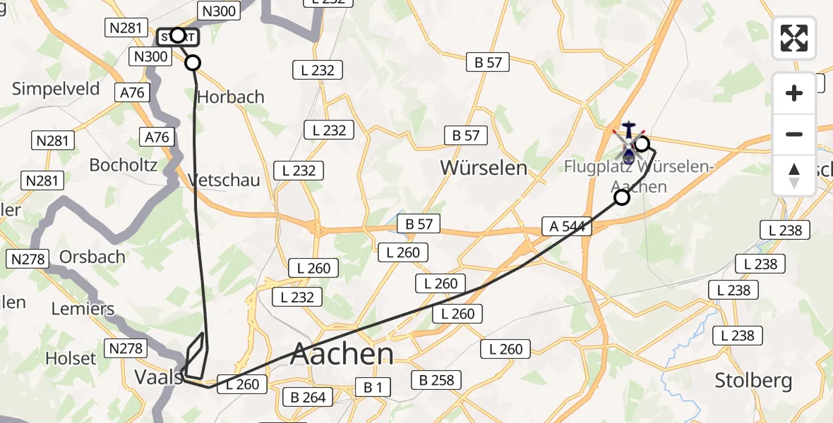 Flugroute Polizeihubschrauber Kerkrade - Aachen-Merzbrück Flughafen, 07 Juli 2026, 09:55
