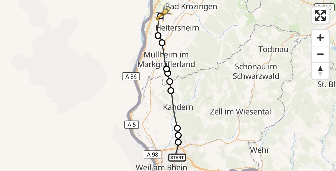 Flugroute Rettungshubschrauber Lörrach - Bremgarten Flugplatz, 07 Juli 2026, 09:57