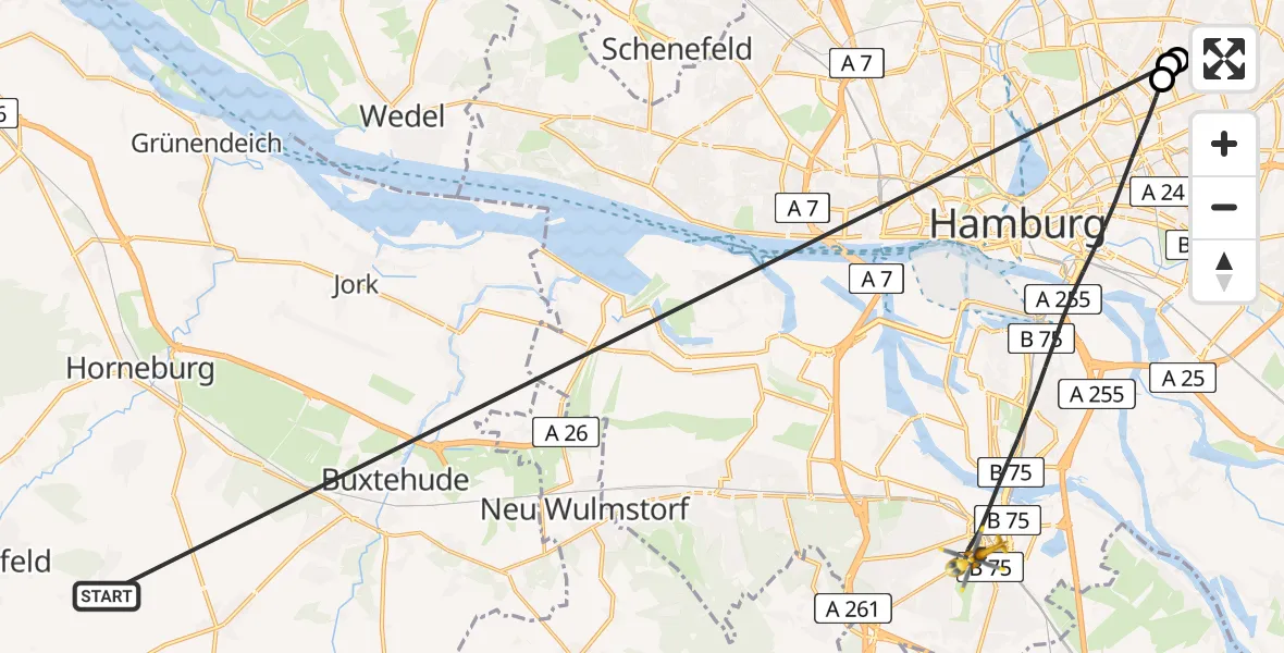 Flugroute Rettungshubschrauber Harsefeld - Hamburg, 07 Juli 2026, 09:58