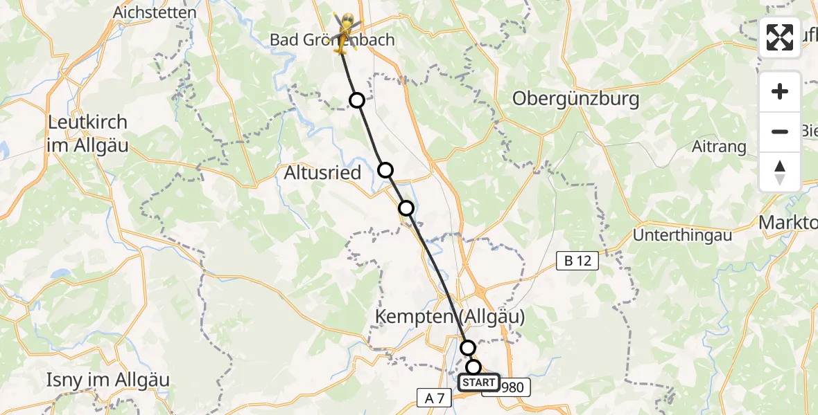 Flugroute Rettungshubschrauber Kempten-Durach Flugplatz - Bad Grönenbach, 07 Juli 2026, 09:59