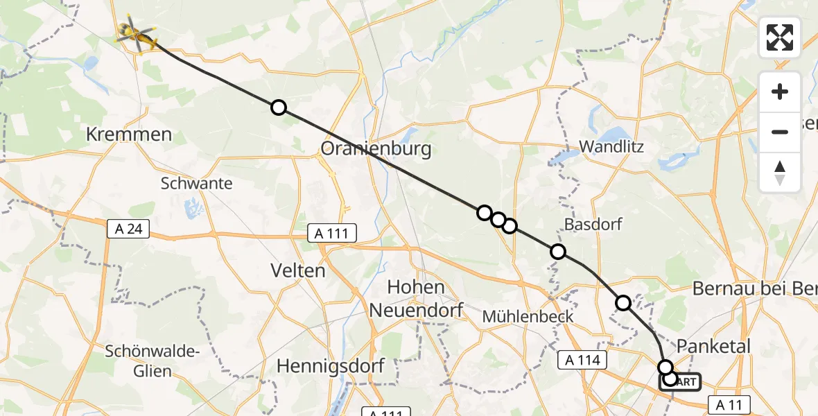 Flugroute Rettungshubschrauber Helios Clinic Berlin-Buch - Kremmen, 07 Juli 2026, 10:01