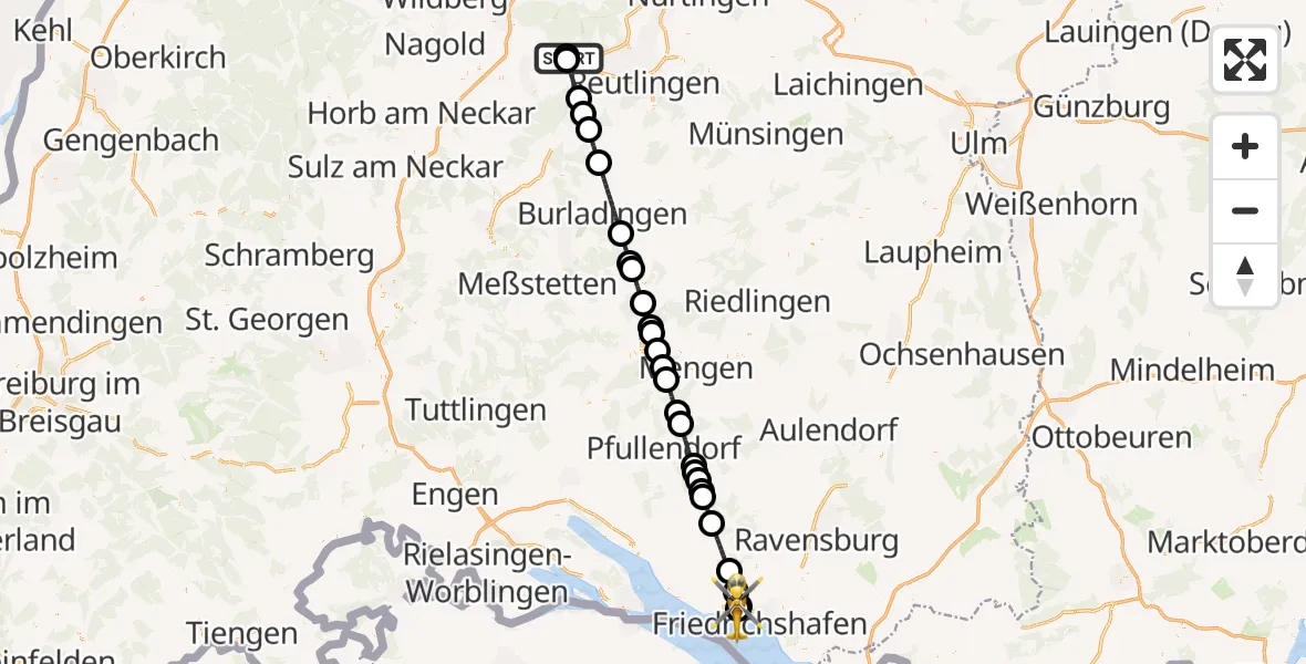 Flugroute Rettungshubschrauber Tübingen Trauma Hospital - Friedrichshafen Hospital, 07 Juli 2026, 10:07