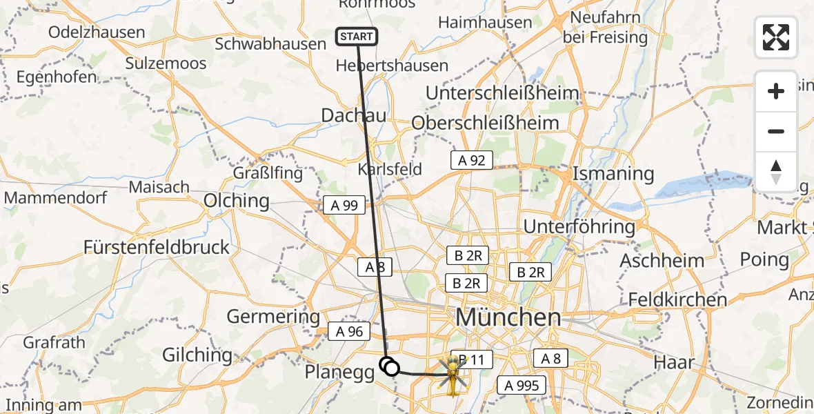 Flugroute Rettungshubschrauber Röhrmoos - München, 07 Juli 2026, 10:17