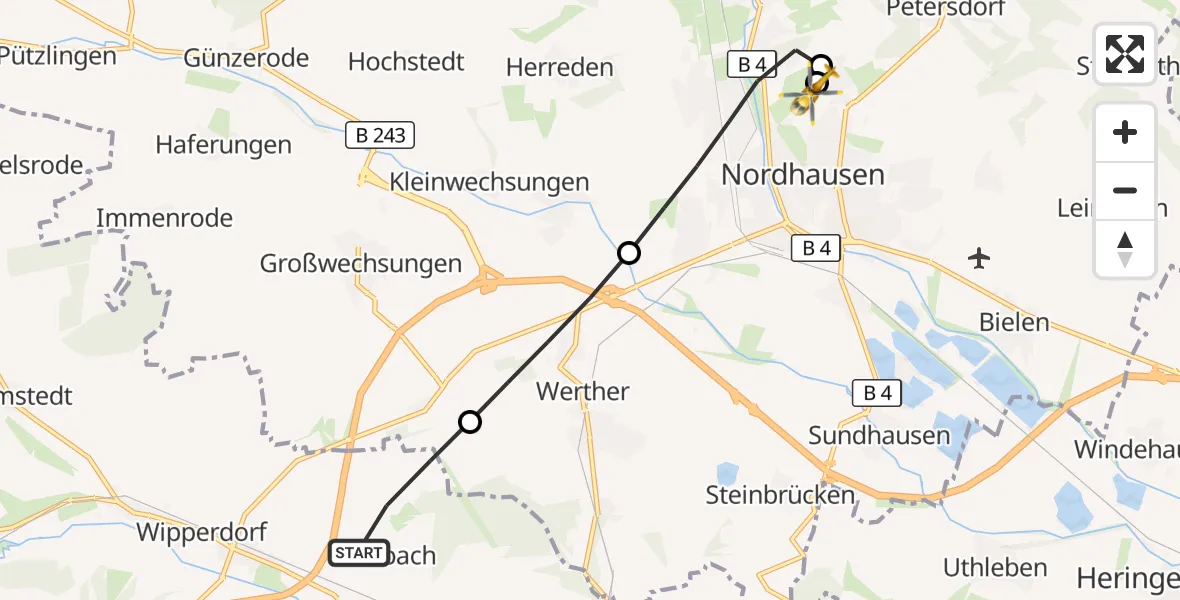 Flugroute Rettungshubschrauber Bleicherode - Südharz Hospital Nordhausen, 07 Juli 2026, 10:23