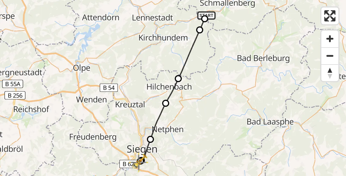 Flugroute Rettungshubschrauber Schmallenberg - Evangelisches Jung-Stilling Hospital, 07 Juli 2026, 10:30