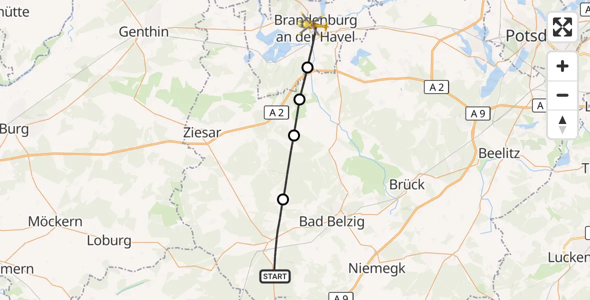 Flugroute Rettungshubschrauber Wiesenburg/Mark - Brandenburg an der Havel, 07 Juli 2026, 10:30