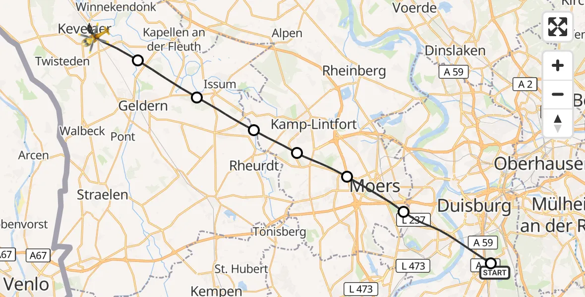 Flugroute Rettungshubschrauber Duisburg Air Rescue Hubschrauberlandeplatz (Christoph 9) - Kevelaer, 07 Juli 2026, 10:32