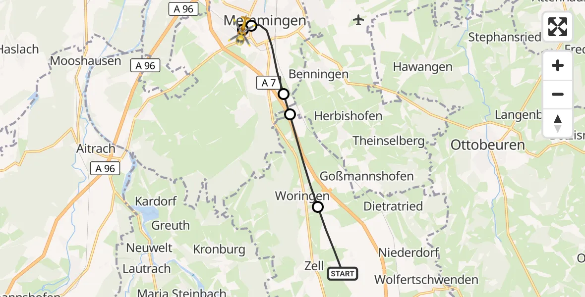 Flugroute Rettungshubschrauber Bad Grönenbach - Memmingen Hospital, 07 Juli 2026, 10:33
