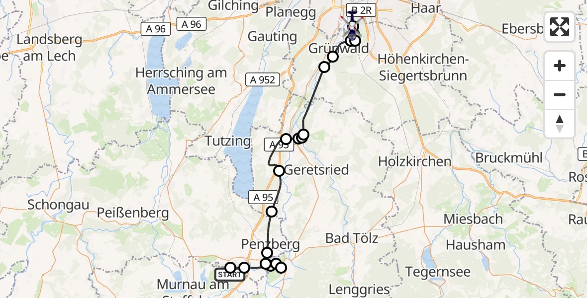 Flugroute Polizeihubschrauber Riegsee - ADAC Air Rescue Center Hubschrauberlandeplatz (Christoph 1), 07 Juli 2026, 10:36