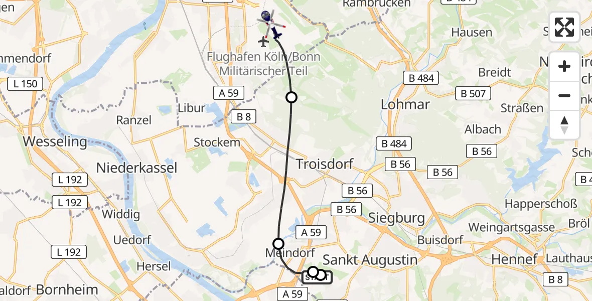 Flugroute Polizeihubschrauber Sankt Augustin - Köln Bonn Flughafen, 07 Juli 2026, 10:38