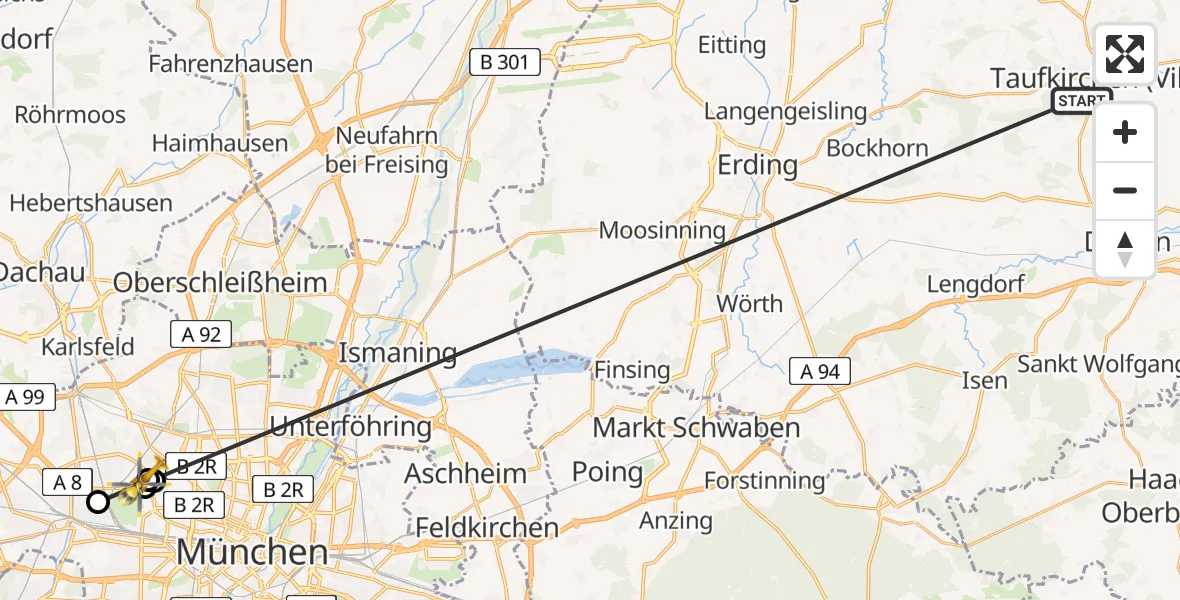 Flugroute Rettungshubschrauber Taufkirchen (Vils) - Dritter Orden University Hospital, 07 Juli 2026, 10:40