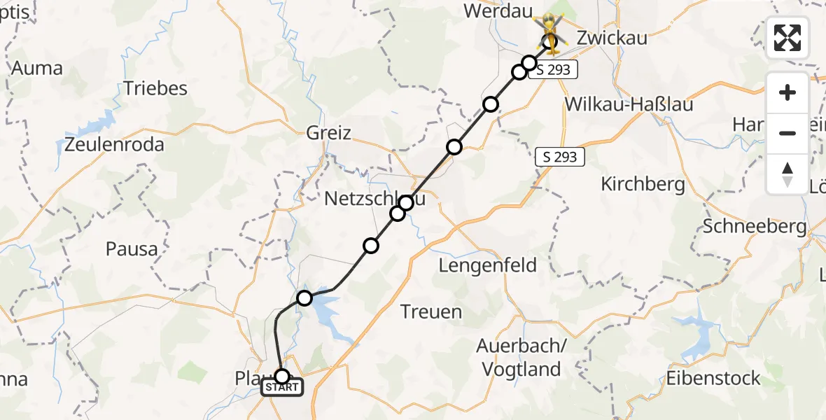 Flugroute Rettungshubschrauber Helios Clinic Plauen - ADAC Air Rescue Station Zwickau Hubschrauberlandeplatz, 07 Juli 2026, 10:41