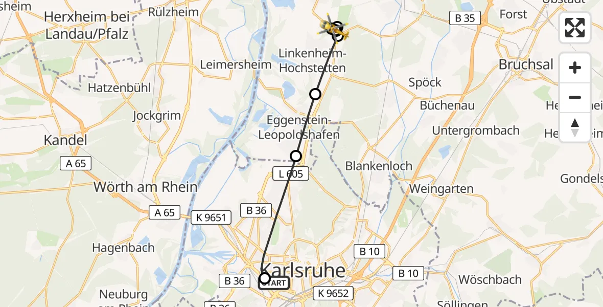 Flugroute Ambulanzhubschrauber Sankt Vincentius Hospital - Dettenheim, 07 Juli 2026, 10:45