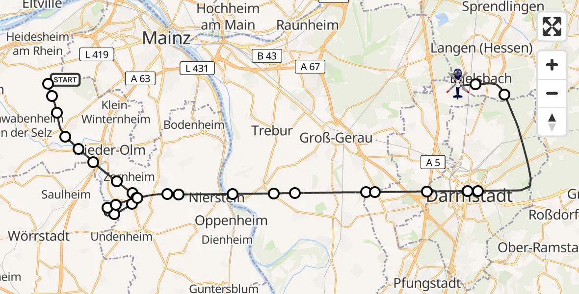 Flugroute Polizeihubschrauber Mainz-Finthen Flugplatz - Flughafen Frankfurt-Egelsbach, 07 Juli 2026, 10:45
