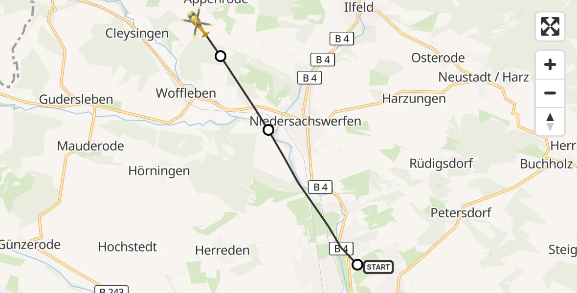 Flugroute Rettungshubschrauber Südharz Hospital Nordhausen - Ellrich, 07 Juli 2026, 10:46