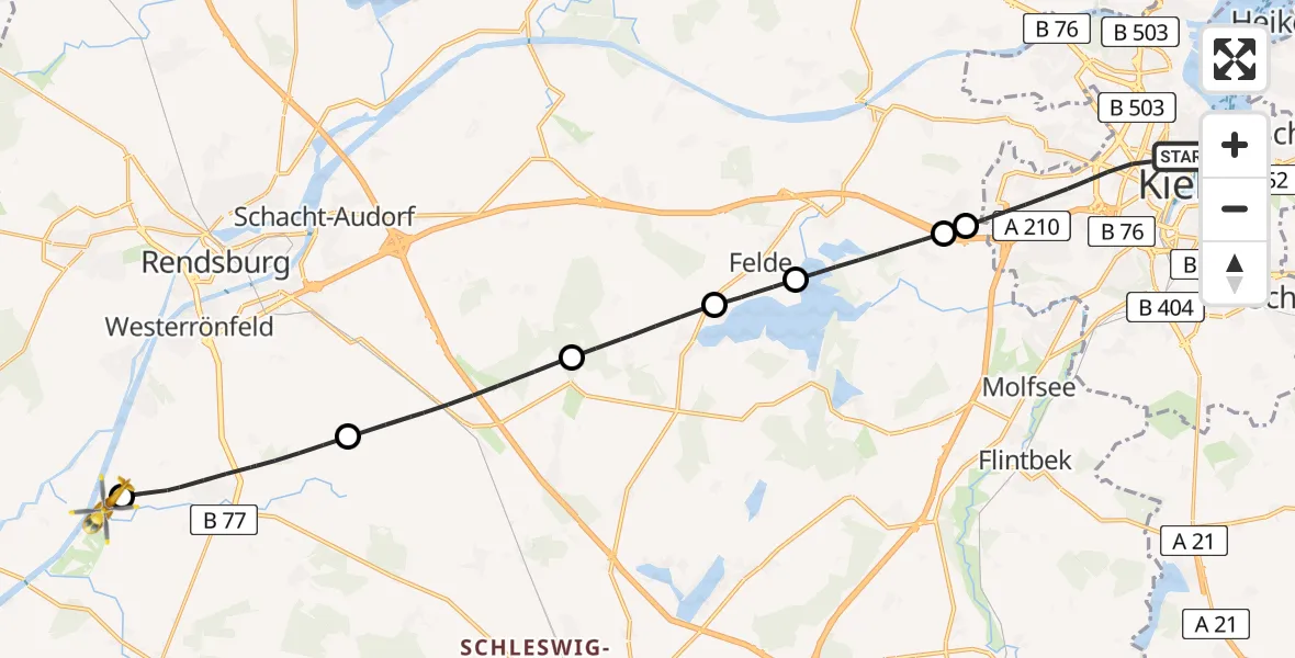 Flugroute Ambulanzhubschrauber Kiel - Schülp b.Rendsburg, 07 Juli 2026, 10:50