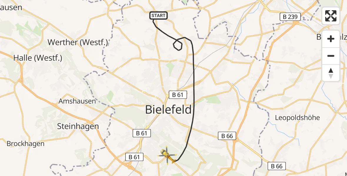 Flugroute Rettungshubschrauber Bielefeld - Luftrettungszentrum Bielefeld, 07 Juli 2026, 10:50