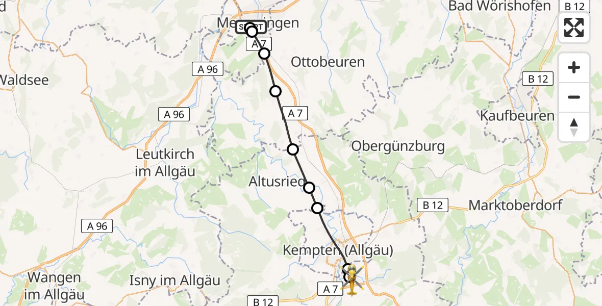 Flugroute Rettungshubschrauber Memmingen Hospital - Kempten-Durach Flugplatz, 07 Juli 2026, 10:54