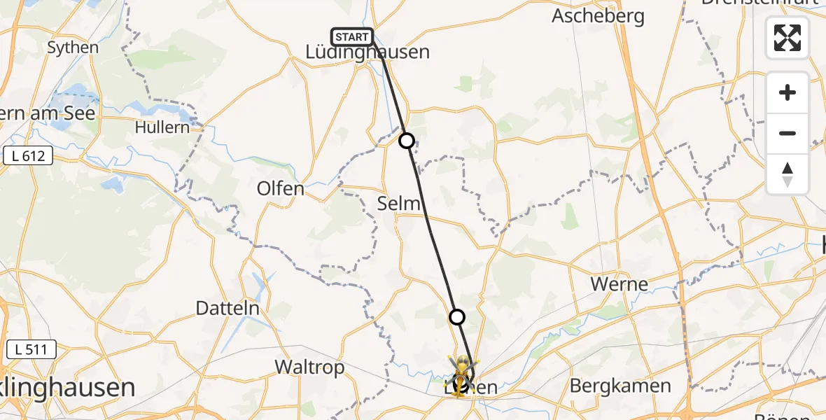 Flugroute Rettungshubschrauber Lüdinghausen - Sankt Marien Hospital, 07 Juli 2026, 10:58