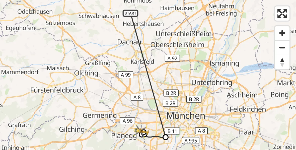 Flugroute Rettungshubschrauber Röhrmoos - DRF Air Rescue München Hubschrauberlandeplatz, 07 Juli 2026, 11:01