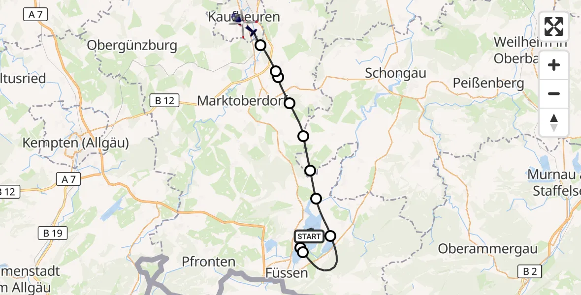 Flugroute Polizeihubschrauber Schwangau - Kaufbeuren, 07 Juli 2026, 11:02