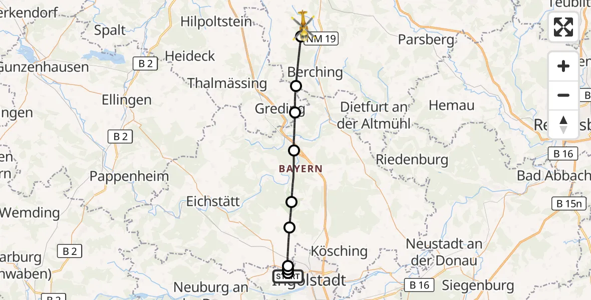 Flugroute Rettungshubschrauber Ingolstadt Hospital - Mühlhausen, 07 Juli 2026, 11:04