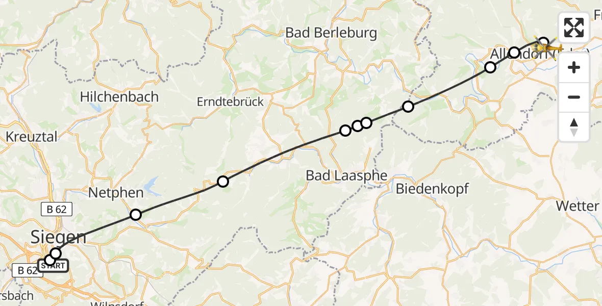 Flugroute Rettungshubschrauber Evangelisches Jung-Stilling Hospital - Allendorf-Eder Flugplatz, 07 Juli 2026, 11:12