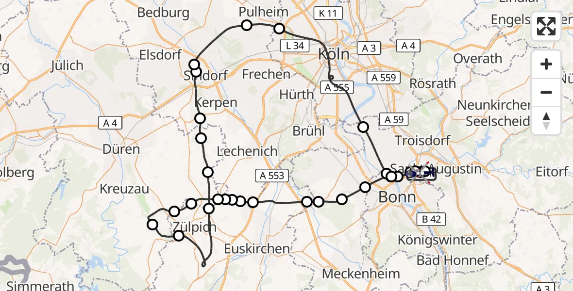 Flugroute Polizeihubschrauber Bonn-Hangelar Flugplatz - Bonn-Hangelar Flugplatz, 07 Juli 2026, 11:15