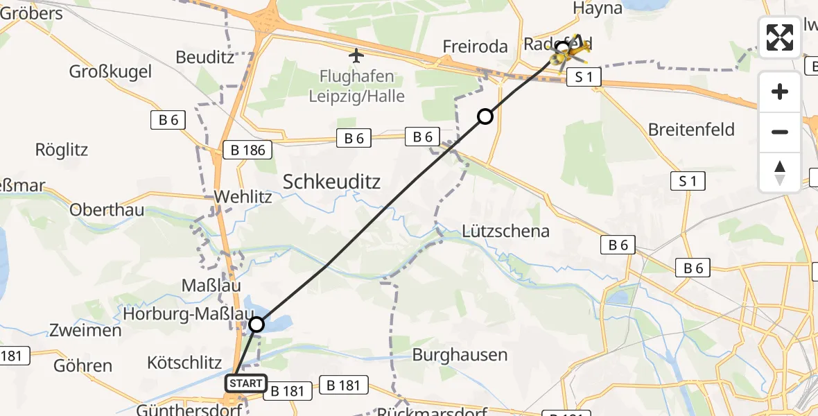 Flugroute Rettungshubschrauber ADAC Air Rescue Station Leipzig/Schkeuditz-Dölzig Hubschrauberlandeplatz (Christoph 61) - Schkeuditz, 07 Juli 2026, 11:15