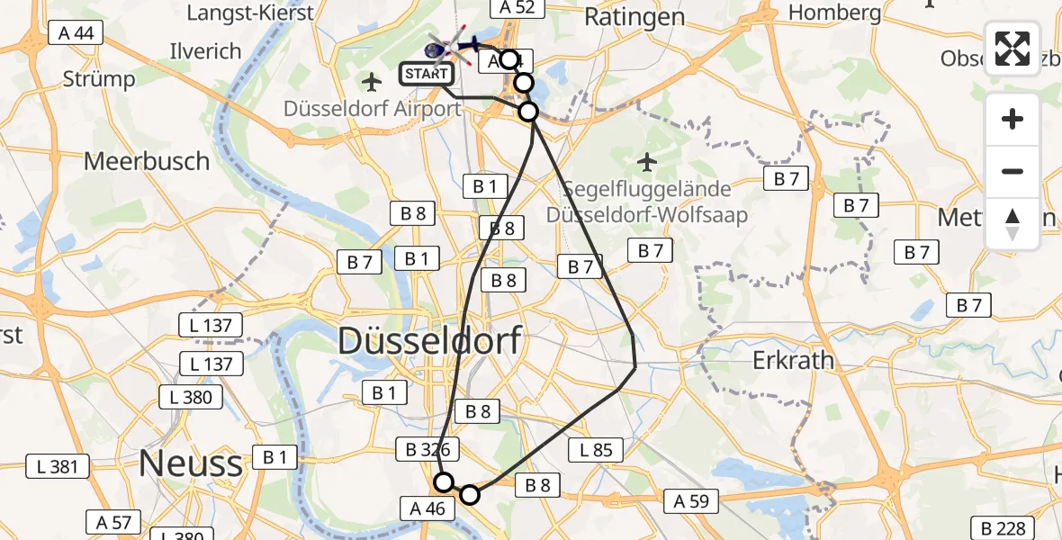 Flugroute Polizeihubschrauber Düsseldorf Flughafen - Düsseldorf Flughafen, 07 Juli 2026, 11:19