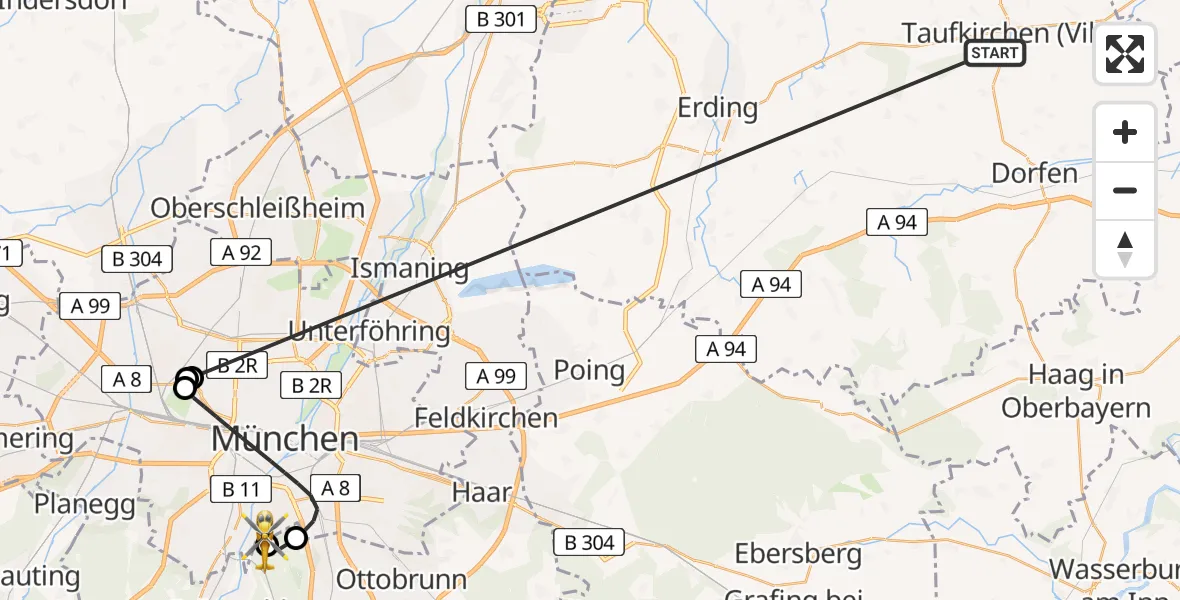 Flugroute Rettungshubschrauber Taufkirchen (Vils) - ADAC Air Rescue Center Hubschrauberlandeplatz (Christoph 1), 07 Juli 2026, 11:23