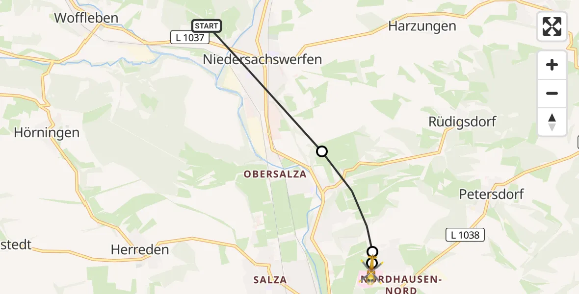 Flugroute Rettungshubschrauber Harztor - Südharz Hospital Nordhausen, 07 Juli 2026, 11:25