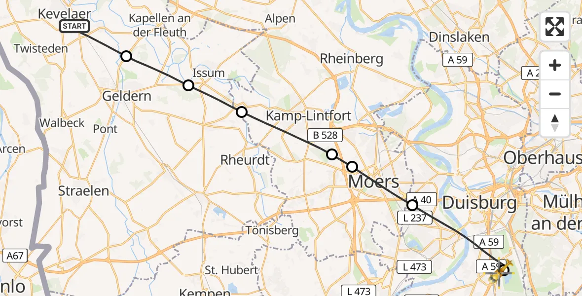 Flugroute Rettungshubschrauber Kevelaer - Duisburg Air Rescue Hubschrauberlandeplatz (Christoph 9), 07 Juli 2026, 11:28
