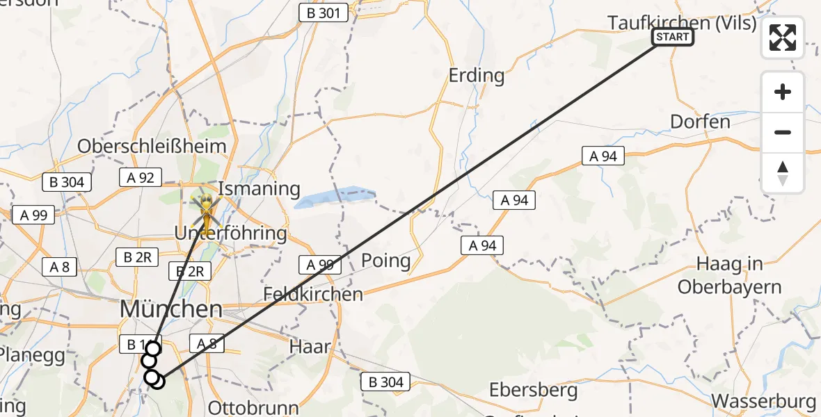 Flugroute Rettungshubschrauber Taufkirchen (Vils) - München, 07 Juli 2026, 11:40