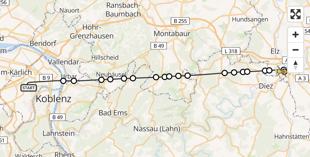 Flugroute Rettungshubschrauber Koblenz - Saint Vincent Hospital Limburg, 07 Juli 2026, 11:40
