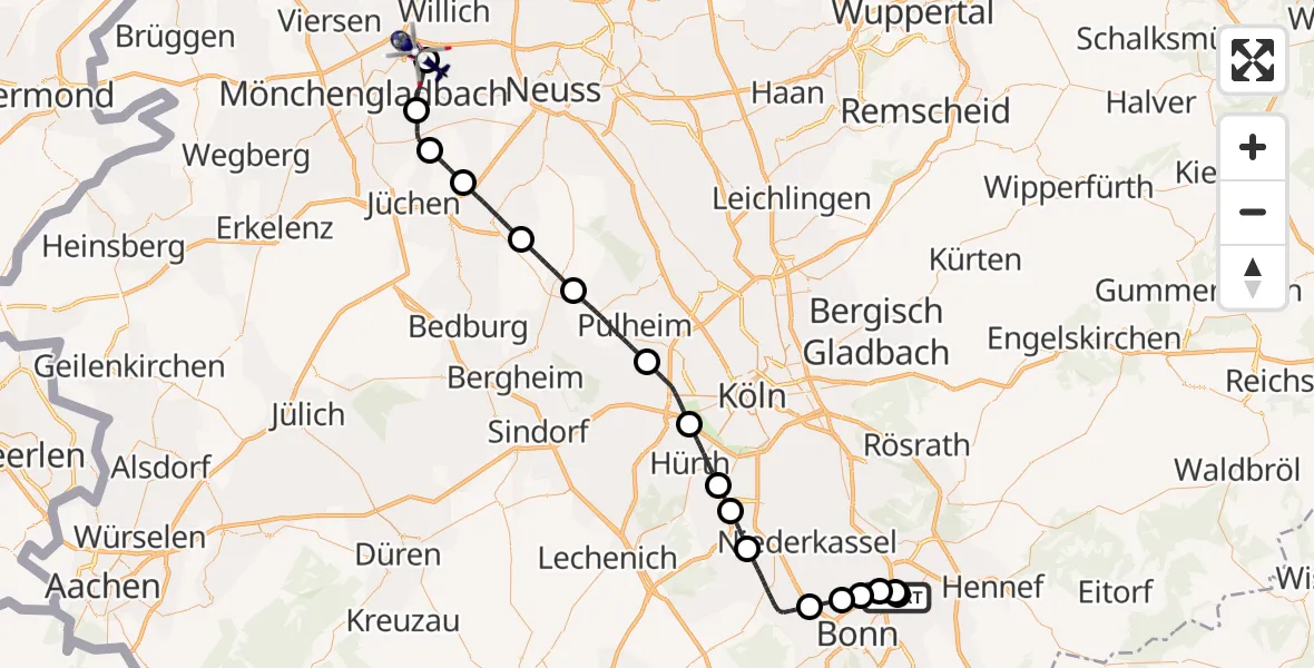 Flugroute Polizeihubschrauber Sankt Augustin - Mönchengladbach Flughafen, 07 Juli 2026, 11:42