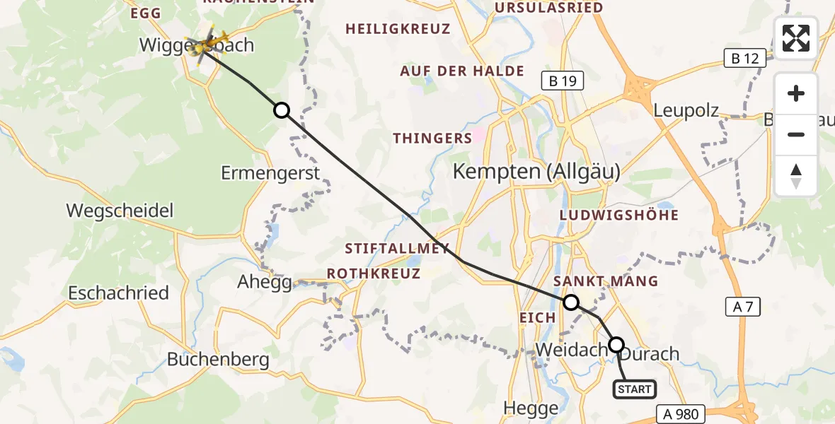 Flugroute Rettungshubschrauber Kempten-Durach Flugplatz - Wiggensbach, 07 Juli 2026, 11:47